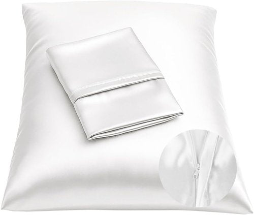 BLISSFORD Satin Pillowcase - Zippered Design for Hair & Skin Care | Soft & Cool White Satin, Standard Size - Set of 2