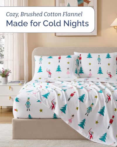 CGK 100% Cotton Flannel Bed Sheet Set - Split King, Tree Nutcracker Design