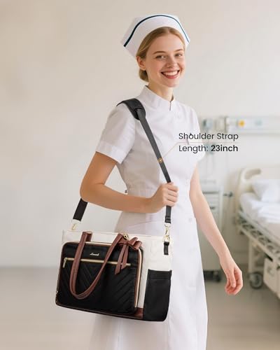 LOVEVOOK 15.6 Inch Insulated Lunch Tote Bag for Women with Large Capacity & Cup Holder - Beige-Black-Brown