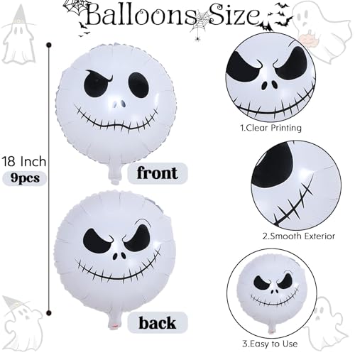 Halloween Skull Balloons Set, 18 Inch White Smiley Face Skull Mylar Foil Balloons Kit for Kids Horror Before Day of the Dead Trick or Treat Christmas Party Decorations Supplies