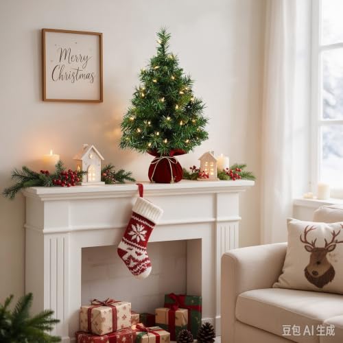 22 Inch Pre-Lit Artificial Christmas Tree with Warm White LEDs, Lush Branches & Red Velvet Base