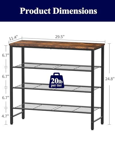 Kitsure Brown Shoe Rack for Closet, 29.5-Inch Wide, 4 Tiers, Rustic Storage