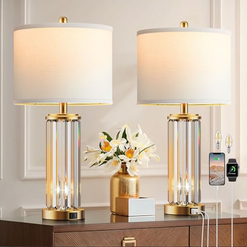 Set of 2 Gold & Clear Modern Table Lamps with Nightlight & USB Charging Ports
