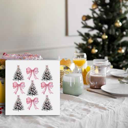 HONLUNG Christmas Tree Decorations Sign,Pink Bows Wooden Box,Christmas Decorations for Home Office Bedroom Living Room Shelf Desk Decor, 5x5 Inches
