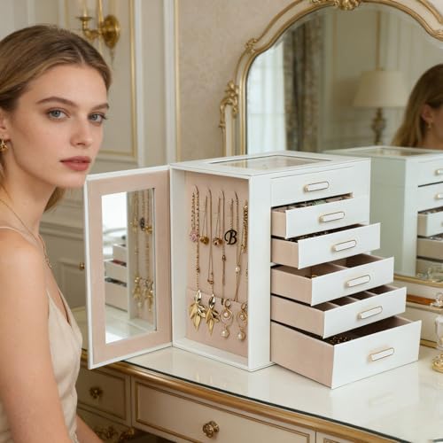 BOOVO White 6-Layer Jewelry Organizer Box with Clear Lid, Large Storage