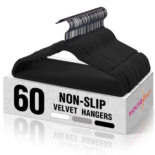 HOUSE DAY 60 Pack Black Velvet Hangers Non-Slip Slim Clothes Closet Organizer