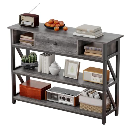 Grey Oak 39 Inch Console Sofa Table with Drawer and Shelves - Entryway & Living Room Storage
