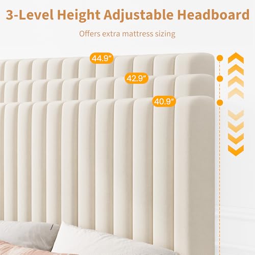 Beige Twin Bed Frame with Adjustable Velvet Headboard - Modern Platform Bed