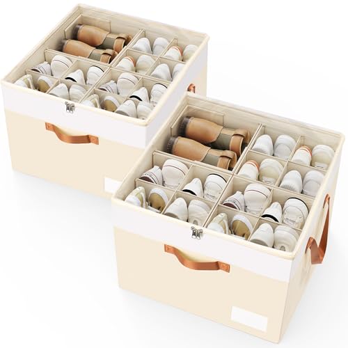 Criusia Foldable Shoe Organizer Box with Adjustable Dividers - Beige, Holds 16-32 Pairs