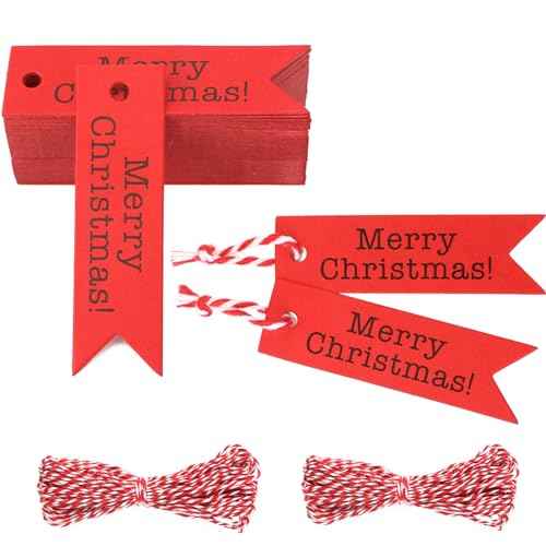 jijAcraft Merry Christmas Tags - 100Pcs Holiday Gift Tags with String, Small Red Christmas Labels Tag for Xmas Party Favors, Jar, DIY Crafts