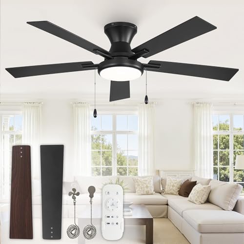 52 Inch Black Ceiling Fan with Lights, Remote & Pull Chain, Reversible & Dimmable