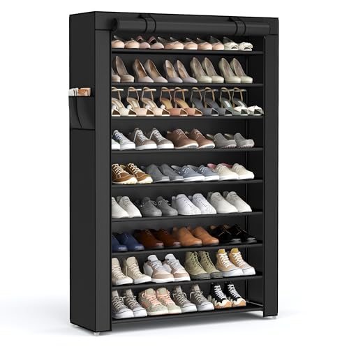 Black 10-Tier Shoe Rack with Cover, Holds 40-50 Pairs, Easy Assembly