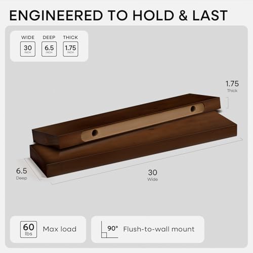 Homeforia 30-Inch American Walnut Floating Shelves Set of 2 | Solid Pine Wall Storage