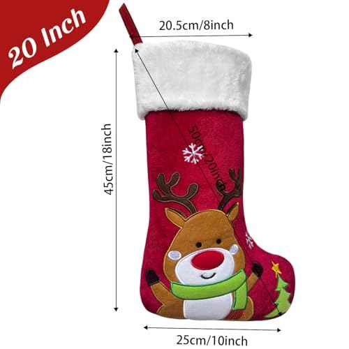 Reindeer Christmas Stocking Animal One Piece, 20 inch Plush Velvet 3D Deer Christmas Stockings with Embroidered Snowflake, Cute Xmas Stockings for Kids Girls Boys (Brown Deer)
