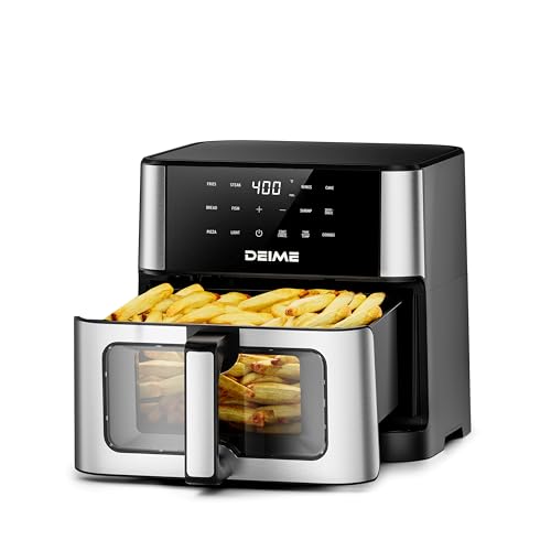 Deime 10.2 QT Air Fryer Silver 1700W with 10 Presets, Visual Cooking Window