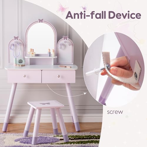 Kids Vanity Table Set with Mirror & Storage - Purple Girls Dress Up Furniture