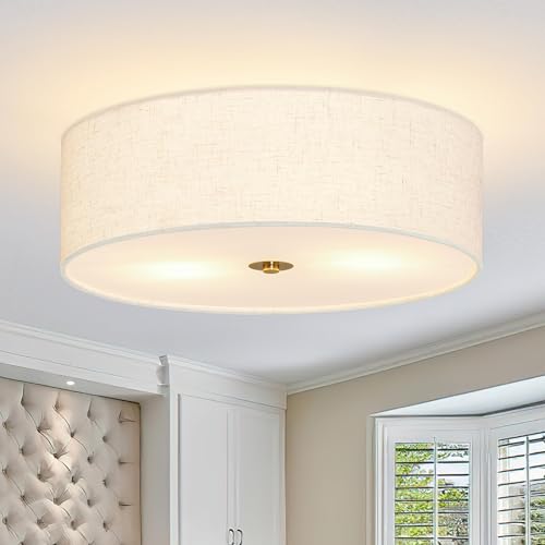 Bagood 16 Inch Gold Drum Flush Mount Ceiling Light Fixture with Fabric Shade - Dimmable Modern Living Room, Bedroom, Hallway Lighting