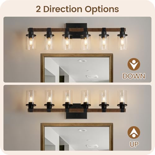 GOEBLESON 6-Light Bathroom Vanity Light Fixture with Glass Shades, Rustic Black & Brown