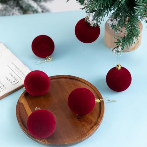 6pcs Velvet Christmas Balls 2.36 Inches Flocked Christmas Hanging Ornaments Ball Red Xmas Tree Velvet Balls for DIY Craft Projects Wedding Christmas Tree Home Decor