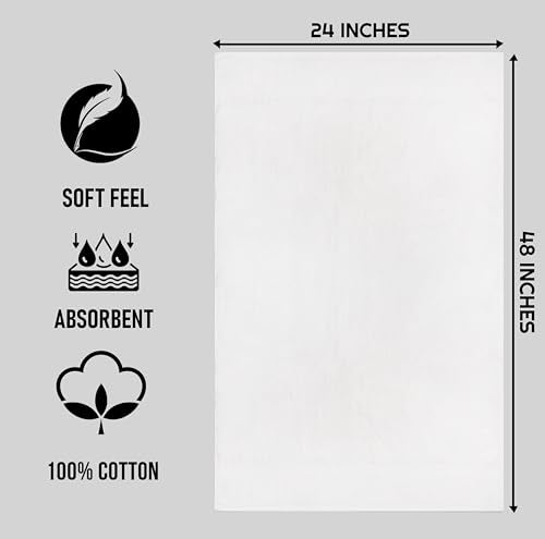 24x48 Inch White Cotton Bath Towels Bulk Pack of 12 - Quick Dry & Soft