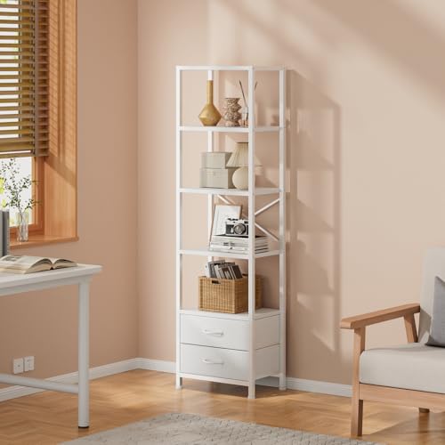 Furnulem White 5-Tier Corner Shelf with Drawers - Tall Narrow Bookshelf