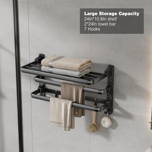 VOLDRA 24-Inch Matte Black Wall-Mounted Towel Rack with 2 Foldable Bars & Hooks
