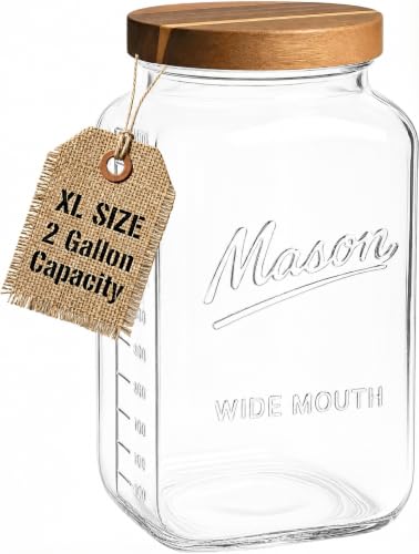 2 Gallon Glass Mason Jar with Airtight Wooden Lid - Square Food Storage Container
