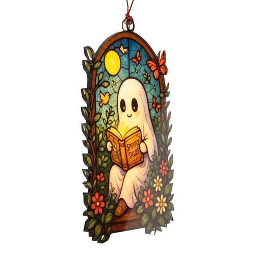RUSATEN Gothic Bat Suncatcher Halloween Window Decor with Crescent Moon - Ghost Book Variation