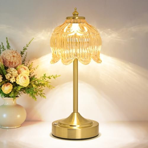 Crkwos Rechargeable Amber Glass Lotus Flower Cordless Table Lamp - Flower Amber Variation