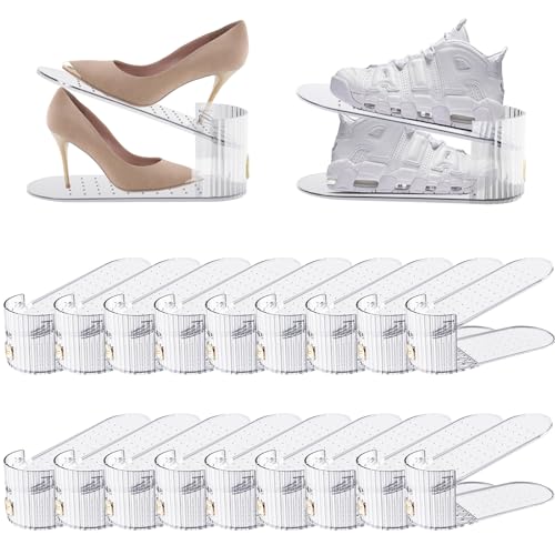 Clear 20 Pack Shoe Slot Organizer - Adjustable Double Layer Shoe Space Saver Rack
