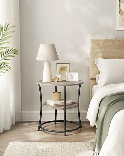 VASAGLE Heather Greige & Matte Black 2-Tier Round End Table - No Power Strip