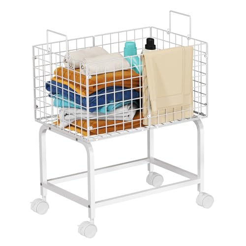 Eyteenokk 80L White Wire Rolling Laundry Basket with Handle, 23.6 x 15.75 x 28 inches