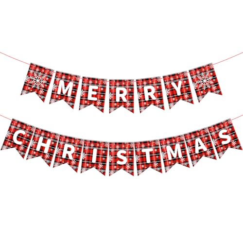 Merry Christmas Banner Decorations, Pre-Strung Red Black Buffalo