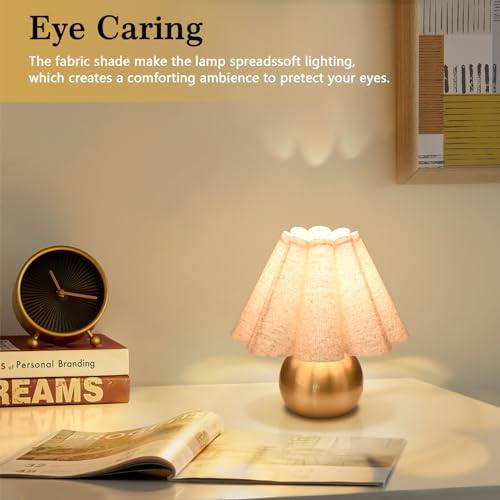 Ziqqeelam Gold Small Bedside Table Lamp with On/Off Switch - Brass Nightstand Light for Bedroom, Living Room, Kids Dorm, Mini Scalloped Shade