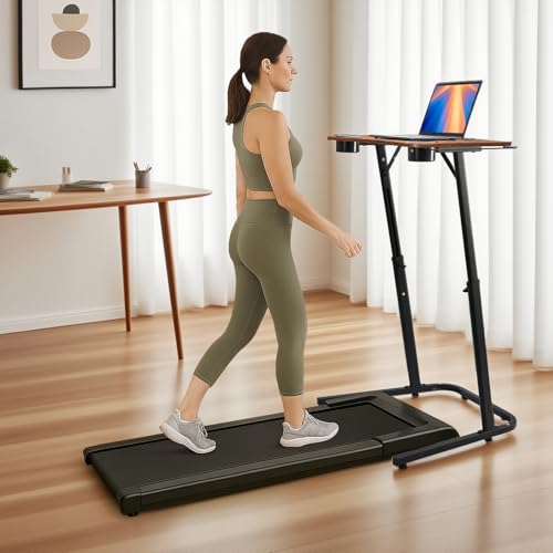 HOMELYM Brown Adjustable Treadmill Desk for Standing and Sitting - Small Standing Desk with Cup Holders & Towel Rack