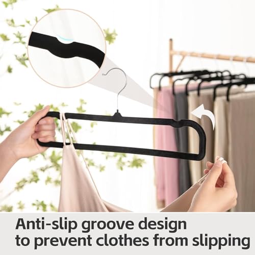 Velvet Non Slip Pants Hangers 20 Pack with Silver Swivel Hook - Space Saving Closet Organizers - Black Silver Hook