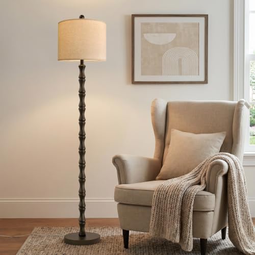 Dark Brown Farmhouse Floor Lamp with Linen Shade - 62 Inch Standing Light for Living Room & Bedroom - Rustic Corner Decor