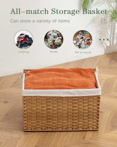 SETVSON Rattan Storage Basket with Lid, 65L Foldable Woven Bins for Bedroom & Laundry