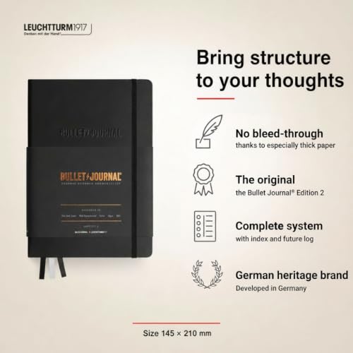 Bullet Journal Notebook Edition 2 - A5 Medium Black with 204 Pages & Bujo Guide