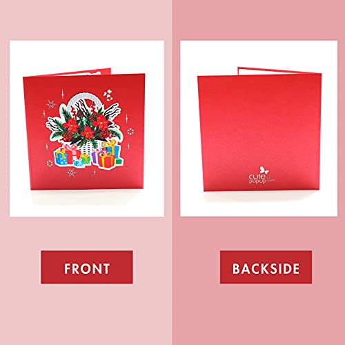 CUTE POPUP 3D Pop Up Christmas Card – Cardinal & Poinsettia (Red Cardinal) 6x6in, Envelope Included