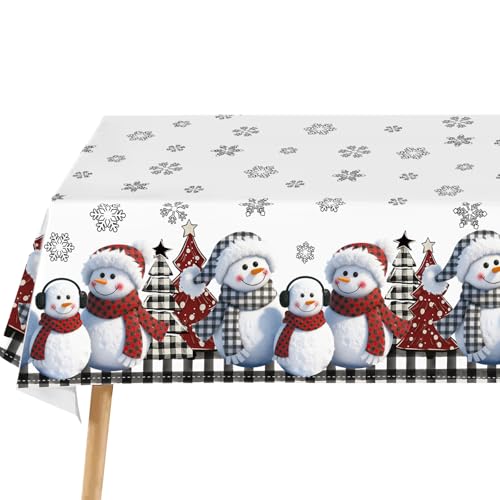 QIALETS 60x120 Inch Christmas Tablecloth, Snowman & Buffalo Plaid Tree Design, Water-Resistant