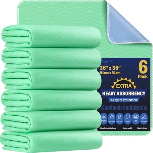 Fygrip 6 Pack 36x36 Waterproof Washable Bed Pads Extra Heavy Absorbency