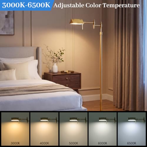 Antique Brass Dimmable Reading Floor Lamp with Remote & Adjustable Brightness