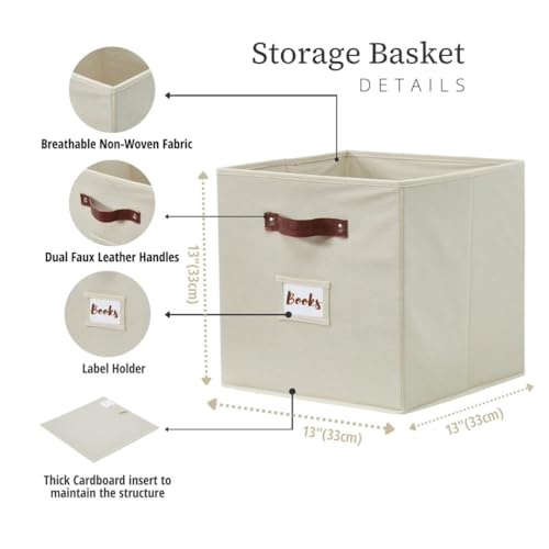Beige Cube Storage Bins Set of 6 - 13-Inch Fabric Organizer Baskets with Labels