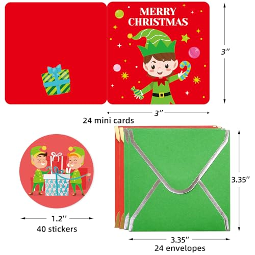 Mini Christmas Greeting Cards 24 Pack - Cute Holiday Note Cards with Envelopes & Stickers