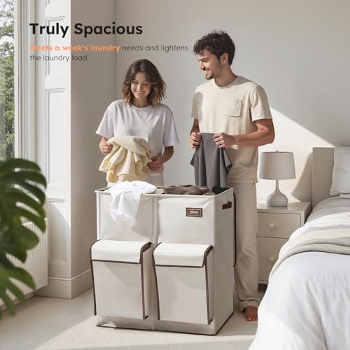 SOLEDI Beige 180L Double Laundry Hamper with Lid & 2 Side Pockets - Large Capacity