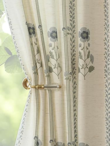 White Green Floral Linen Blend Curtains - 2 Panels, 40" W x 90" L, Farmhouse Style