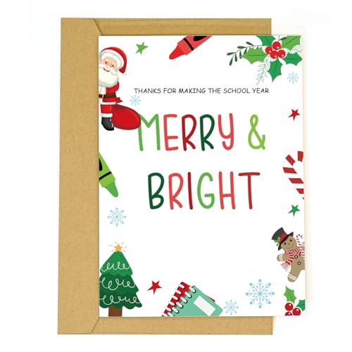 tiangqiwoole Type-E Christmas Card for Teacher – Merry & Bright Thank You Note Card with Envelope
