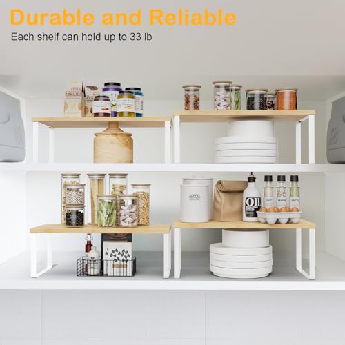 Large Kitchen Counter Shelf Organizer Set of 4 - 15.7 Inch Wood Storage Shelves, Expandable & Stackable, White & Natural Beige Variation