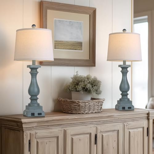 Farmhouse Table Lamps Set of 2 with USB-C & AC Outlets - Blue Vintage Nightstand Lamps - 3 Way Touch Control for Bedroom Living Room Office - Blue-2pack